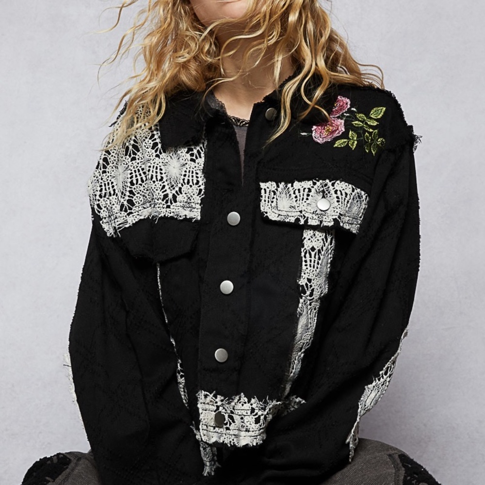 New POL Clothing Twill Jacket Shacket Embroidered Peace Floral Lace Button Down - Picture 5 of 8
